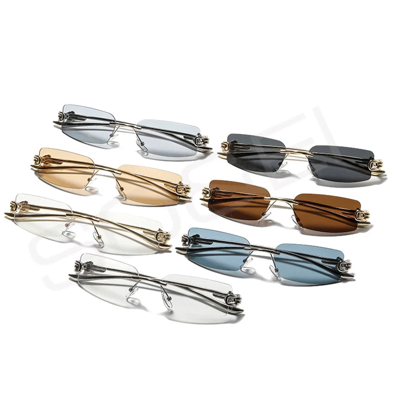SO&EI Ins Popular Fashion Rectangle Rimless Sunglasses Women Retro Clear Ocean Lens Shades UV400 Men Trending Sun Glasses
