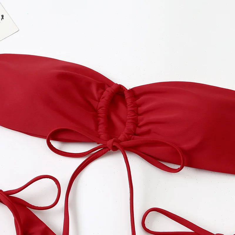 Sexy Bandeau Bikini Swimwear Women Red Black Pleate Lace Up Swimsuit 2026 Cut Out Beach Bathing Suit Tie Side Thong Bikinis Sets
