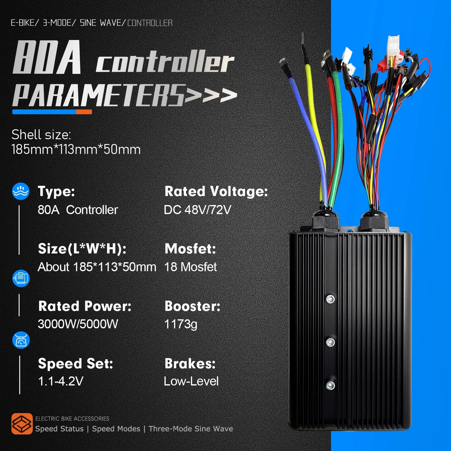 Electric Bicycle 80A BLDC Sine Wave/Square Wave 3 Mode Controller 48V72V3000W5000W Throttle PAS E-Brake Display for Ebike Scoote