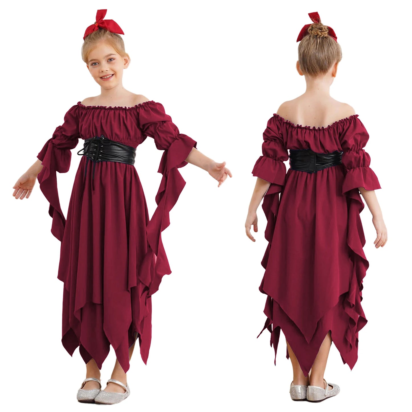 Girls Halloween Medieval Renaissance Witch Vampire Cosplay Costume Victorian Gothic Dress Off Shoulder Smocked Irregular Gown