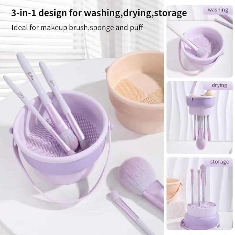 Makeup Brush Cleaner Mat 3 in 1 Silicone Washing Bowl with Brushes Scrubber Foldable Powder Puff Cosmetic Sponge Drying Tools