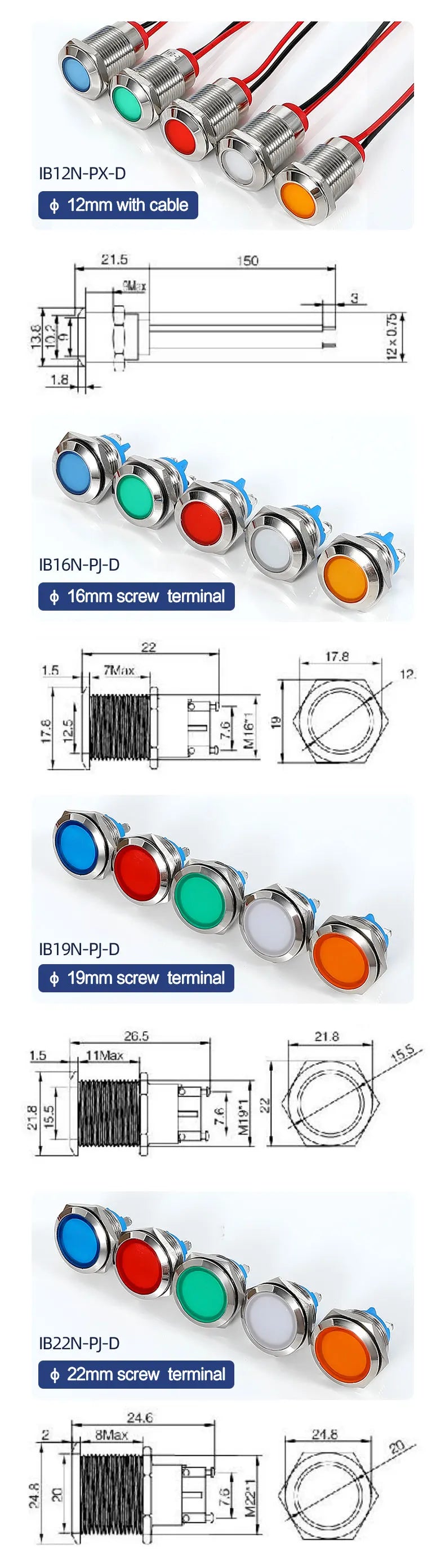 ABILKEEN 20PCS 6MM Mini Industrial Signal Indicator Light 3-6V 12-24V 110V 220V  IP65 Waterproof Metal Pilot Light