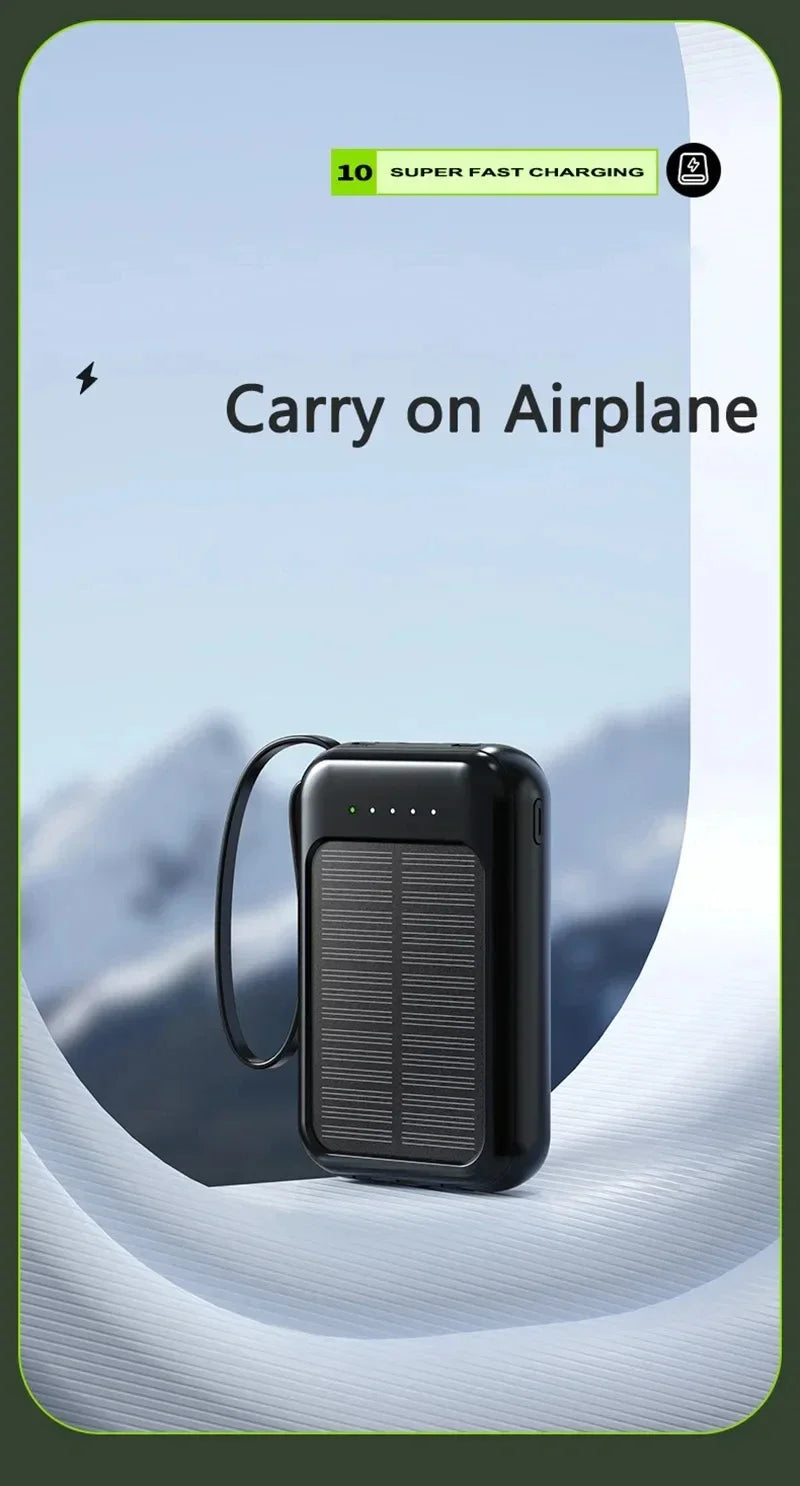 50000mAh High Capacity Solar Power Bank Built in Cable Solar Charger 2-USB Ports External Charger Power Bank LED Light 2026 New
