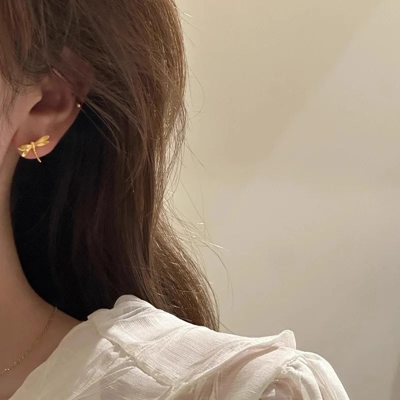 925 Sterling Silver Jewelry 18K Gold Plated Cute Dragonfly Stud Earrings for Women Wedding Party Jewelry For Girls Friend Gift