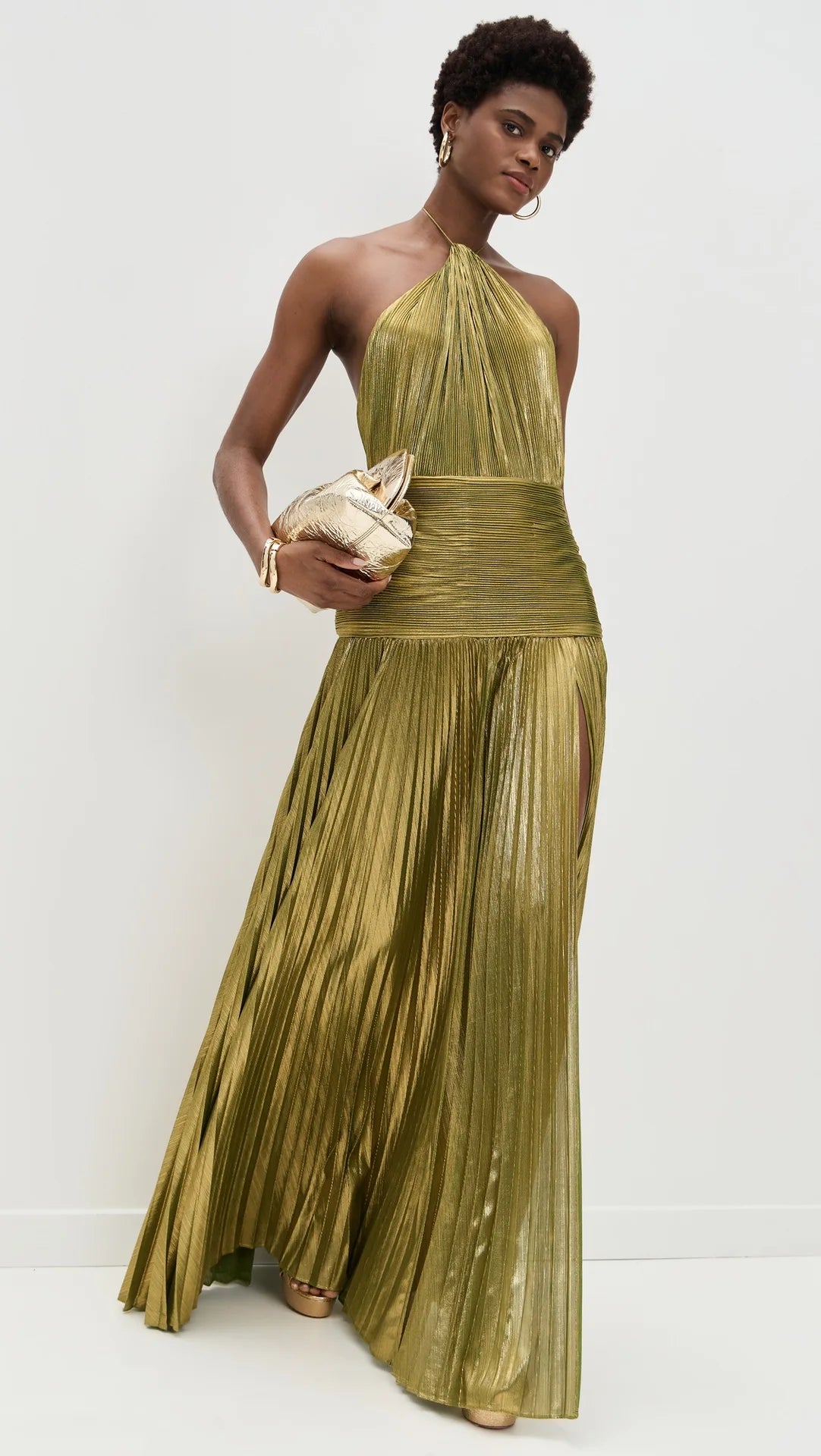 Gold Halter Neck Evening Dress Woman Chic Solid Color Pleated Backless Package Hip Slit Dress Fashion Trendy Lady Party Vestidos