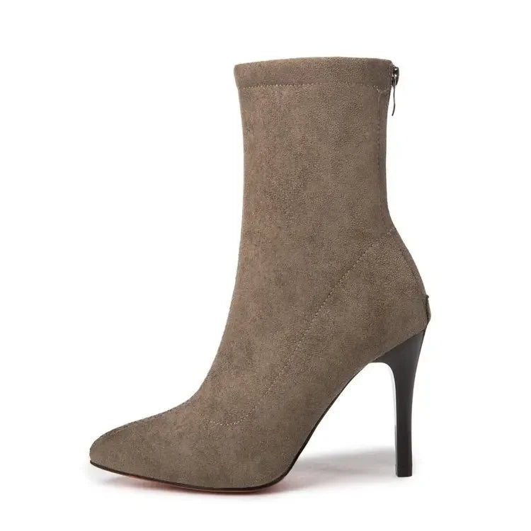 2024 Women Boots Short High Heels Shoes for Women Autumn Suede Imitation Leather Ankle Boots Black Sock Women Heels Boots Female