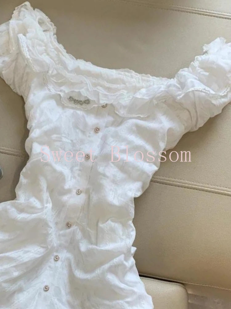 White Sweet Slim Lace Fairy Dress Women French Elegant Sexy Style Summer Dresses New Design Fashion Single-breasted Clothes 2025