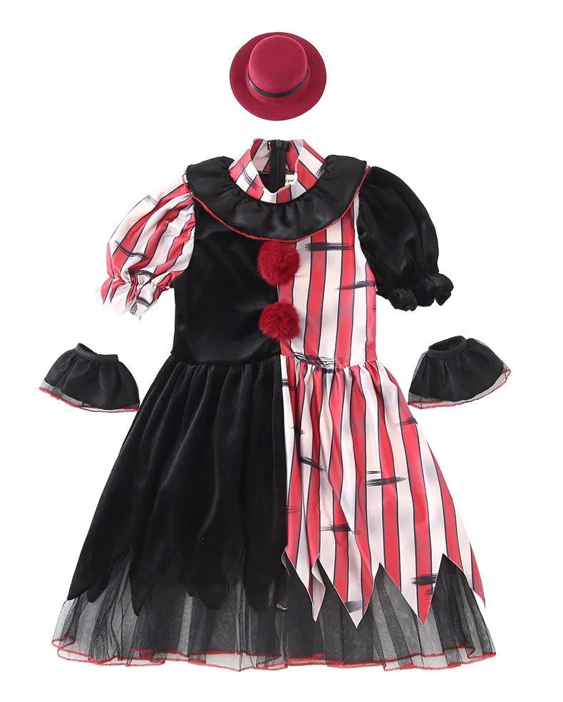 Halloween Cosplay Costumes Horror Clown Dresses Pants Headwear Clothes Sets Carnival Theme Party Role Playing Outfits for Girls