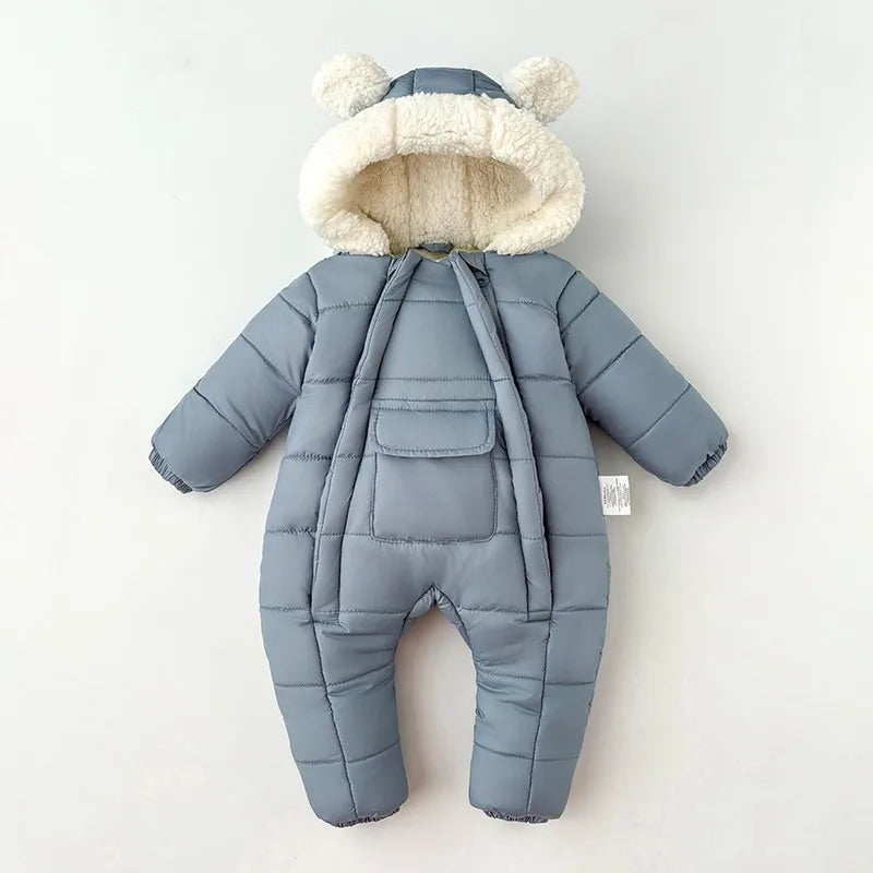 Winter New Baby Boys Girls Bodysuit Solid Color Lining Plush Thick Warm Hooded Jumpsuits For 6M-30M Kids Cotton Romper Snowsuit