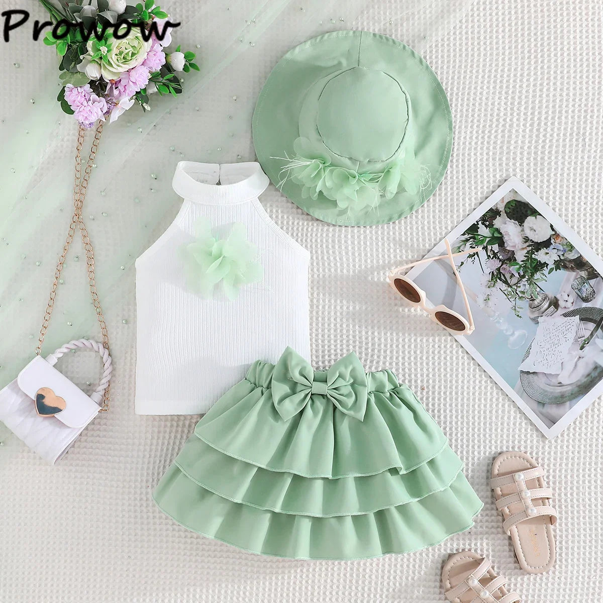 Toddler Girl Outfit Sets Sleeveless Turtleneck Fixed Flower T-shirt+Layered Skirt+Sun Hat Summer 3pcs Sets For Baby Girl Clothes