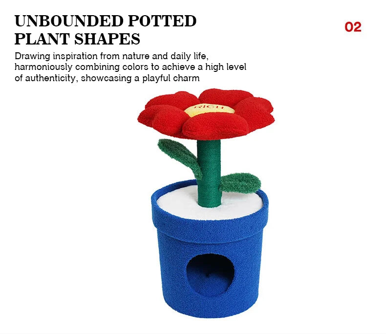 Red Flower Potted Cat Tree with Integrated Cat Bed Below Medium-Sized Cat Tree (Suitable for Cats Under 15 lbs)
