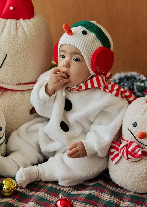 2025 New Christmas Onesie Baby Girls Boys White Fleece Warm Rompers Jumpsuit+Scarf+Cute Snowman Hat Toddler Xmas Outfits A8198