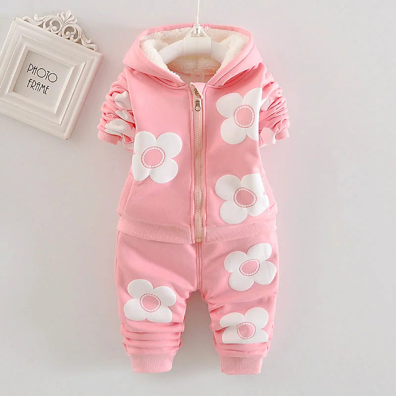 Kids Girls Fleece Lined 3D Daisy Flower Applique Hoodie Pant Suit Children Warm Winter Clothing Set 80-120