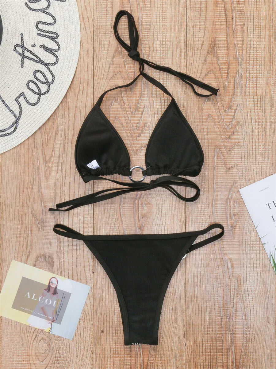 Sexy Sequin Rhinestone Bikini Women Black Diamond Micro Swimwear Braizilian Ring Linked Push Up Bathing Suit Thong Swimsuit 2026
