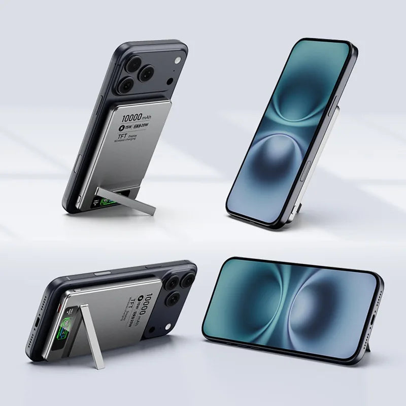 5000/10000mAh Slim and Portable Magnetic Power Bank with Bracket TFT Digital Display Wireless Fast Charging for Phones Watches