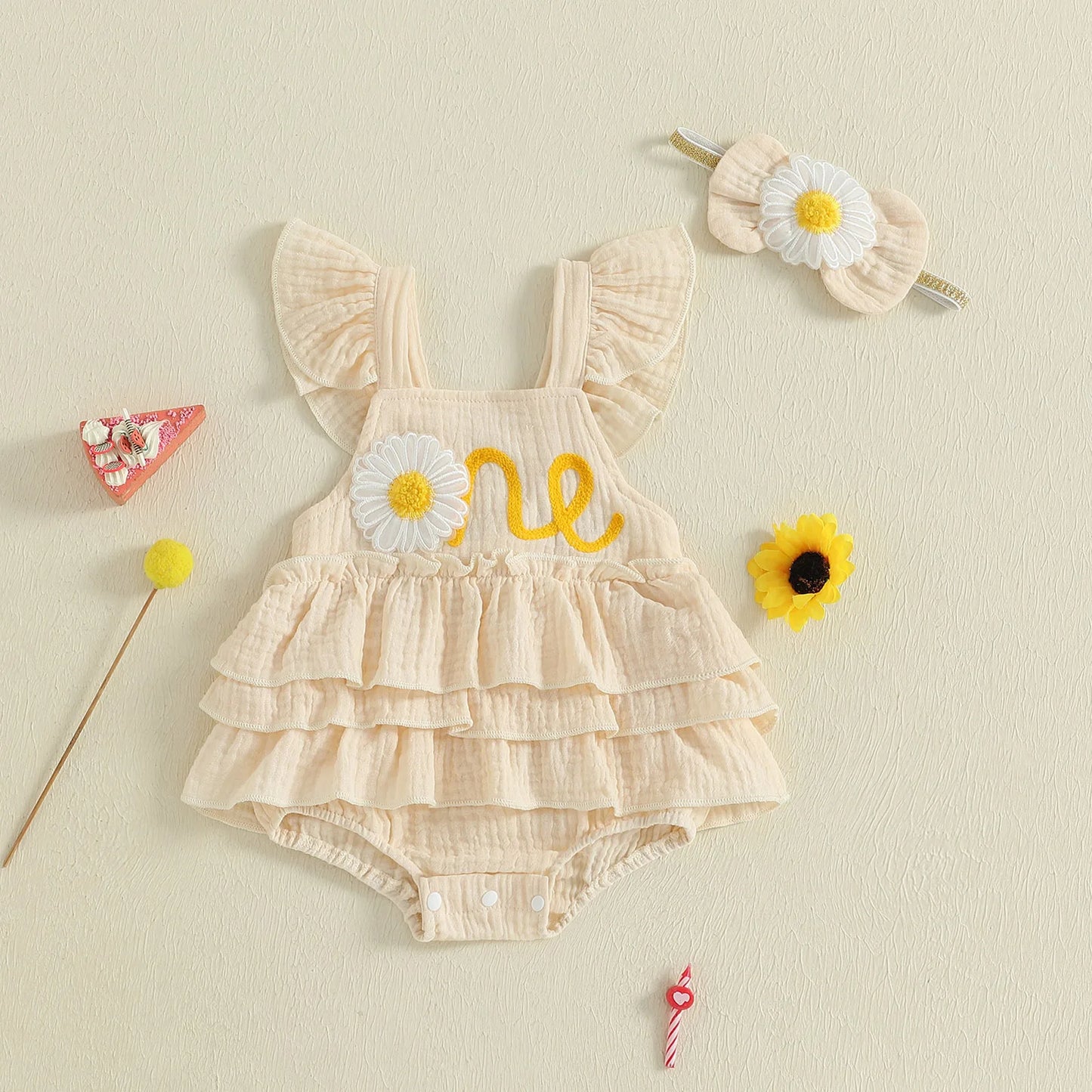 Newborn Baby Girls 1st Birthday Romper Dress Summer Cute Daisy Letter Embroidery Fly Sleeves Ruffles Jumpsuit and Headband Set