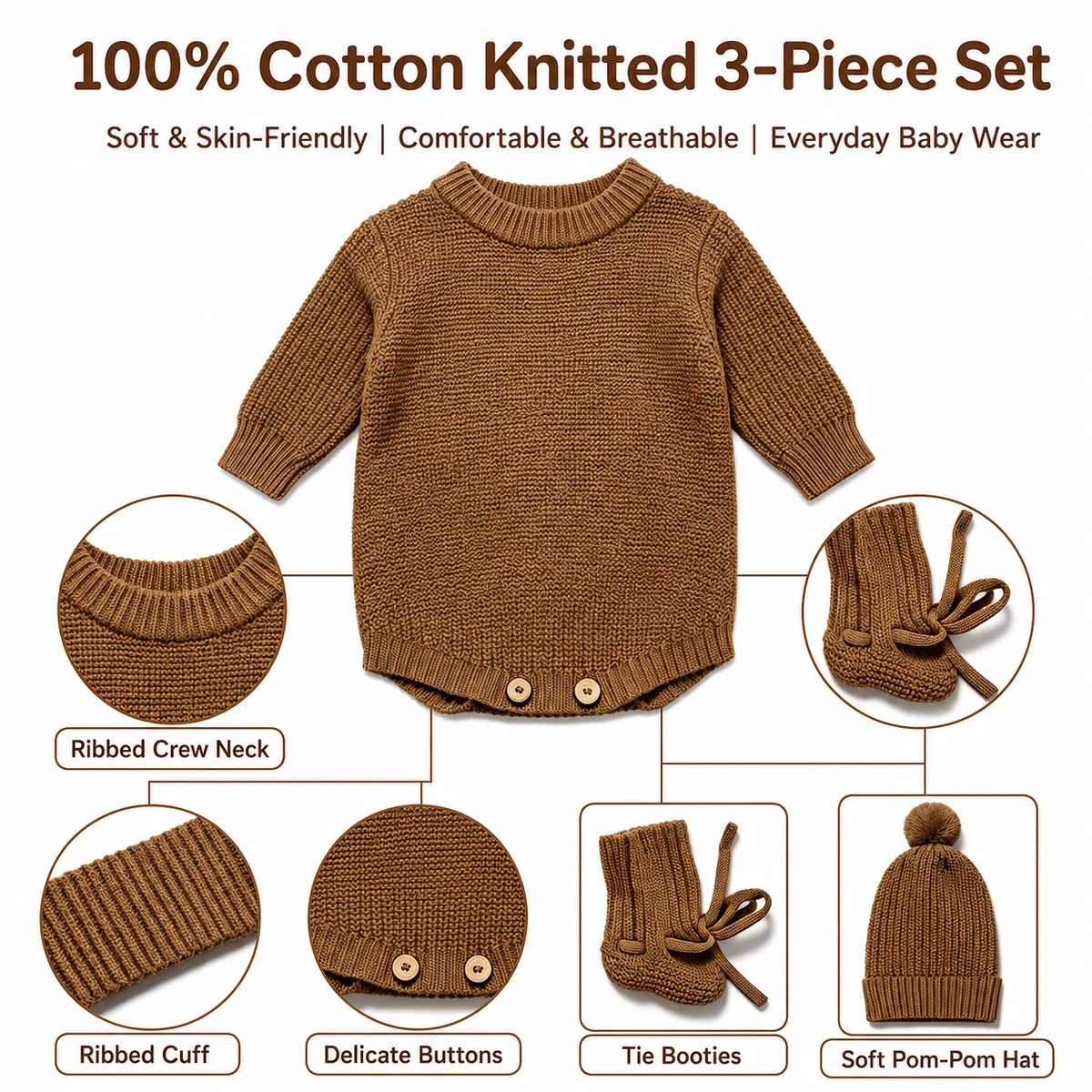 Autumn Baby Knitted Romper Headband Hat Socks Set 3Pcs Solid Color Newborn Outfit Cotton Warm Infant Shower Clothing Gifts