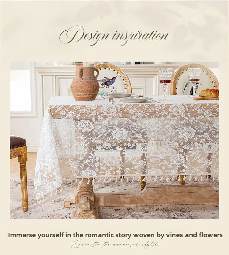 French Rose Lace Tablecloth, Rectangular Dining Tablecloth, Home Coffee Table Wedding Decoration Cover,