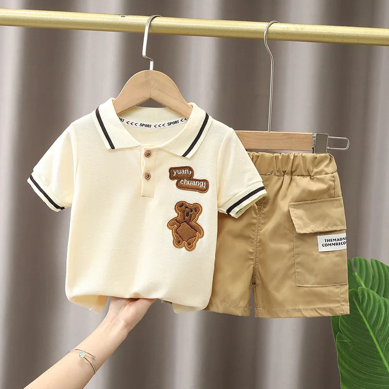 Summer Toddler Baby Clothes Children Boys Cotton Bear Short Sleeve T-Shirt+Shorts 2pcs Set Kids Fashion Sports Costume 1-6 Years