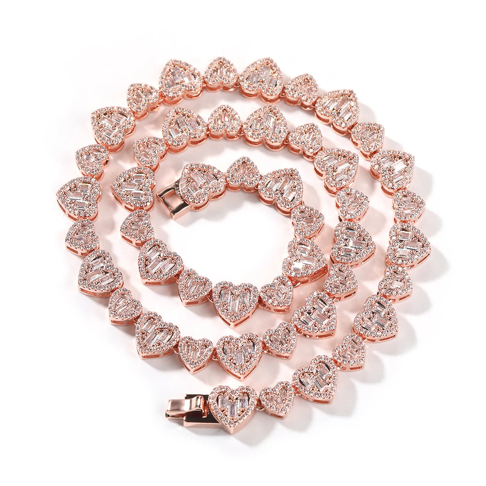 UWIN BaguetteCZ Heart Chain Necklaces for Women Iced Out AAAAA Cubic Zirconia Tennis Chain Necklaces Fashion Jewelry for Gift