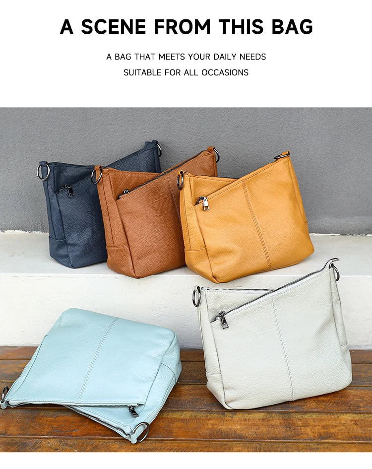 Women Full Grain Cow Leather Hobo Bag With Two Straps Multi Color Large Capacity Shoulder Crossbody Handbag