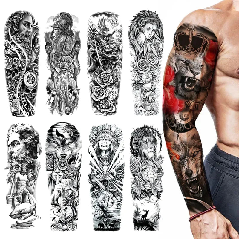 Full-arm Tattoo Stickers With The Crown Of The Virgin Of Jesus And Lion Waterproof Tattoo Stickers