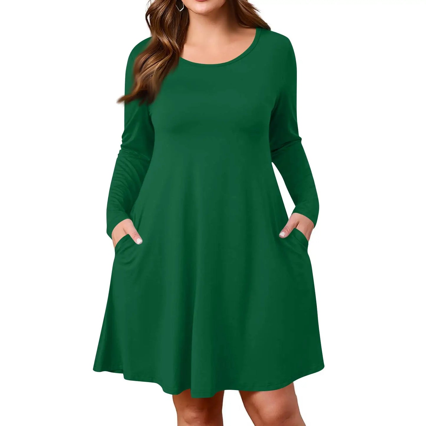 Plus Size Dress for Women Solid-Colour Casual Dress Spring/Autumn Pocket Round Neck Long-Sleeved Dresses vestidos femenino