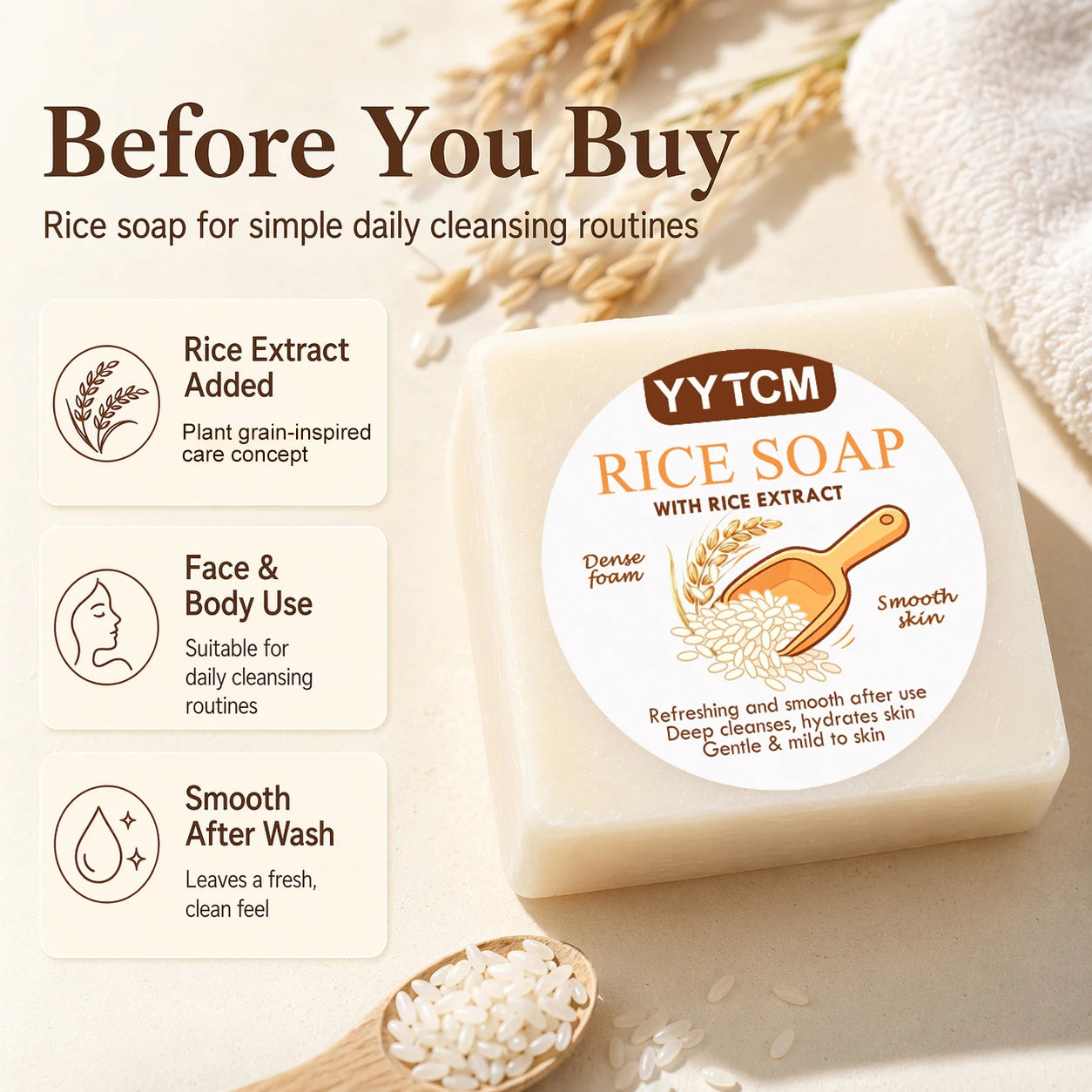 YYTCM Rice Extract Soap Gentle Hydrating Cleansing Bar For Face & Body