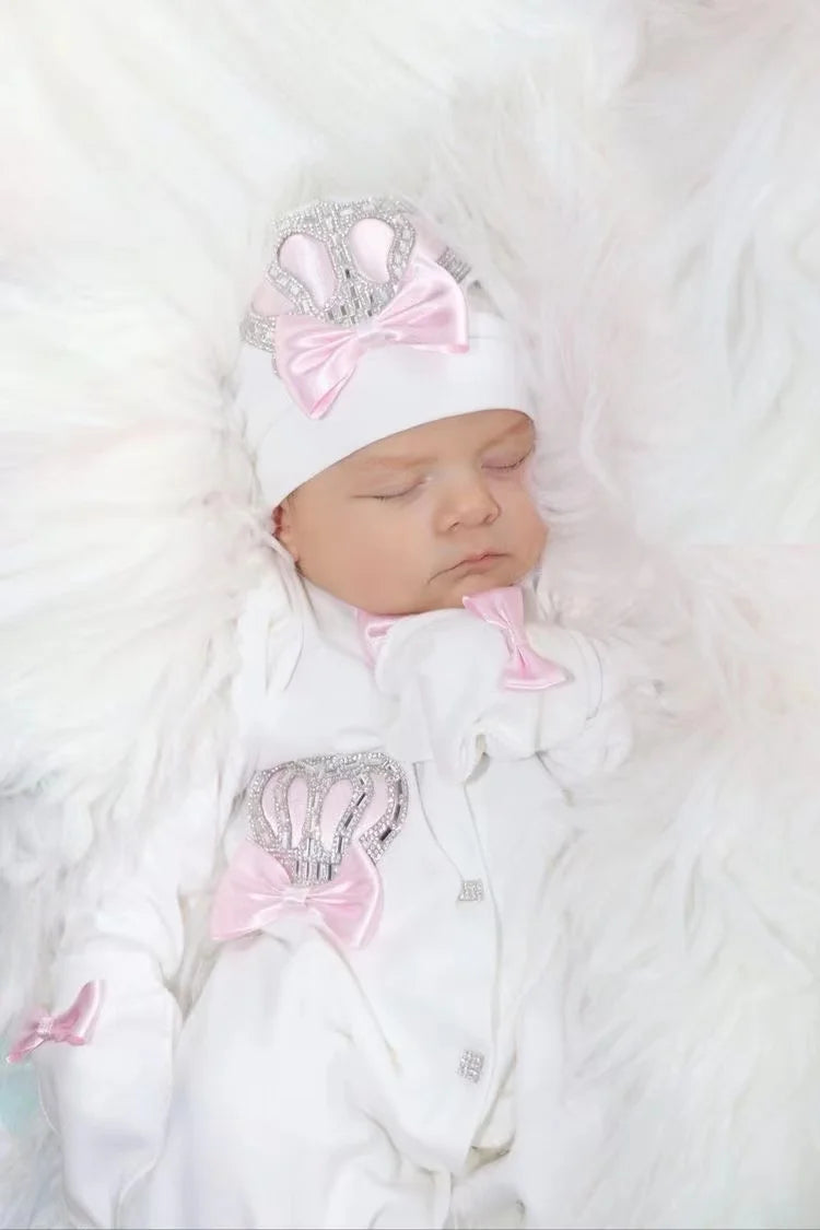 Dollbling Butterfly Jewelry Crown Gift Clothing Sets Welcome Home Lace Baby Rompers Mittens Bonnet Pajamas Outfit 4pcs Layette