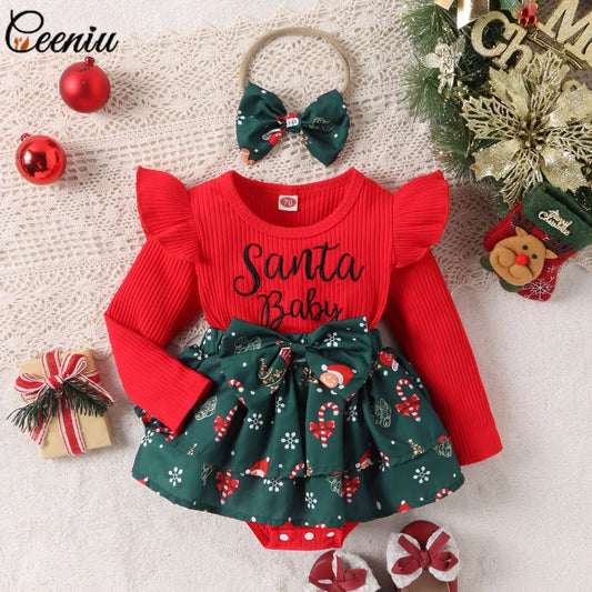 Ceeniu Baby Christmas Bodysuit Dress For Girls Green Santa Claus Letter Rompers Infants Onesies My First New Year Costume Baby