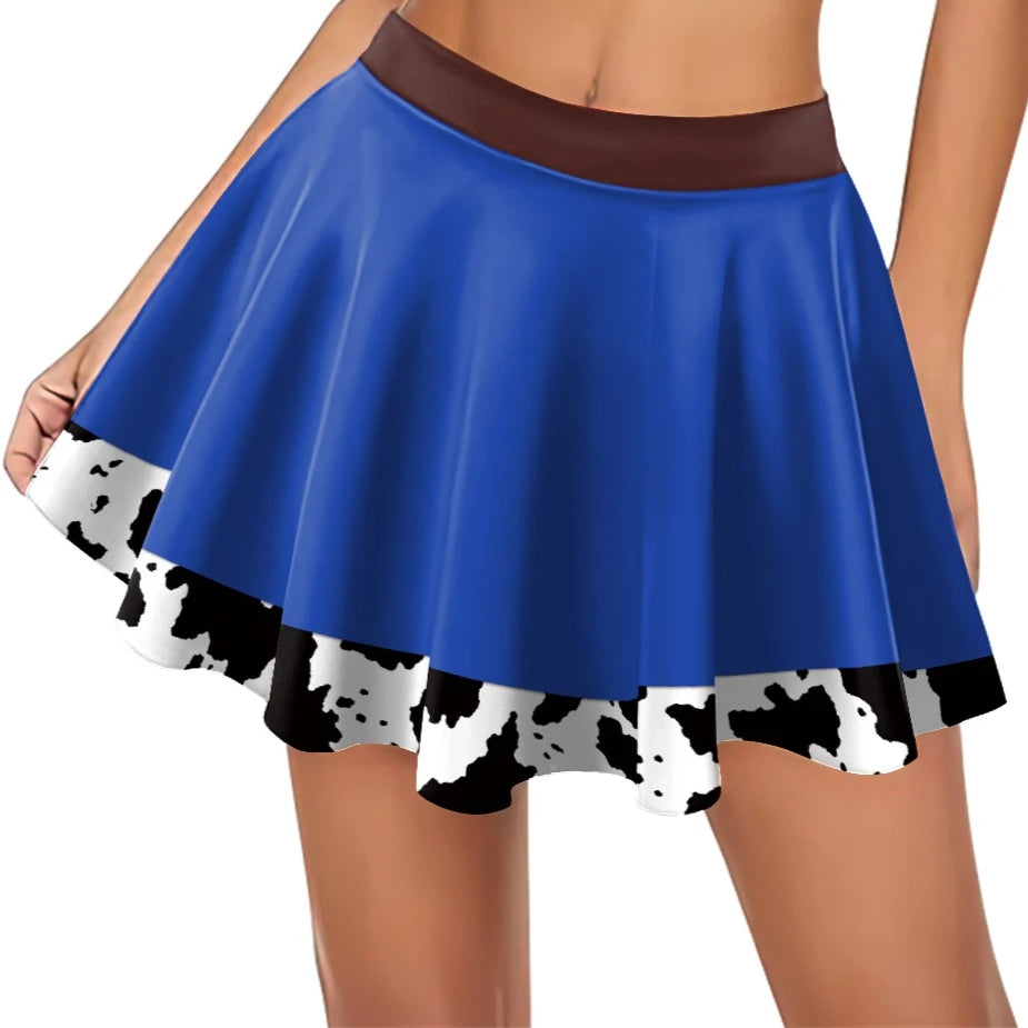 Halloween Woody Cosplay Costume For Women Movie Character Print Skirt Set Summer Short Sleeve Crop Top Party Performance Outfits