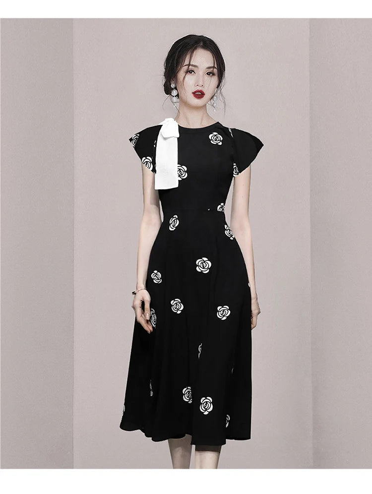 Designer Fashion New Summer Rose Flower Embroidery Office Dress Elegant Women O Neck Hit Color Bowknot Black Floral Midi Dresses
