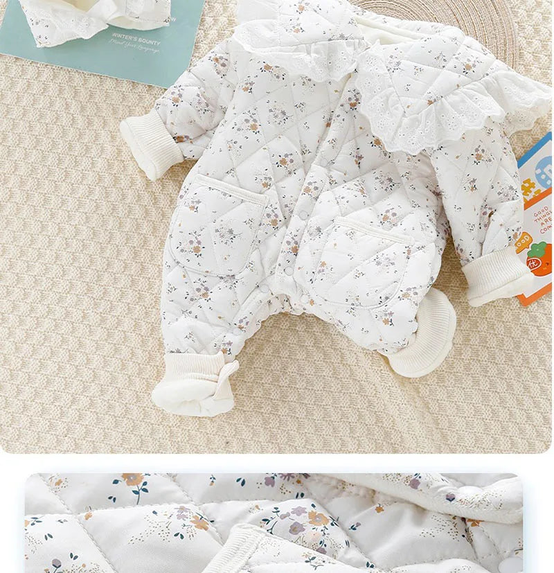 2024 Fall & Winter Baby Clothes 0-2 Y Sweet Toddler Girls Floral Fur Lining Rompers Infant Newborn Warm Jumpsuit with Hat