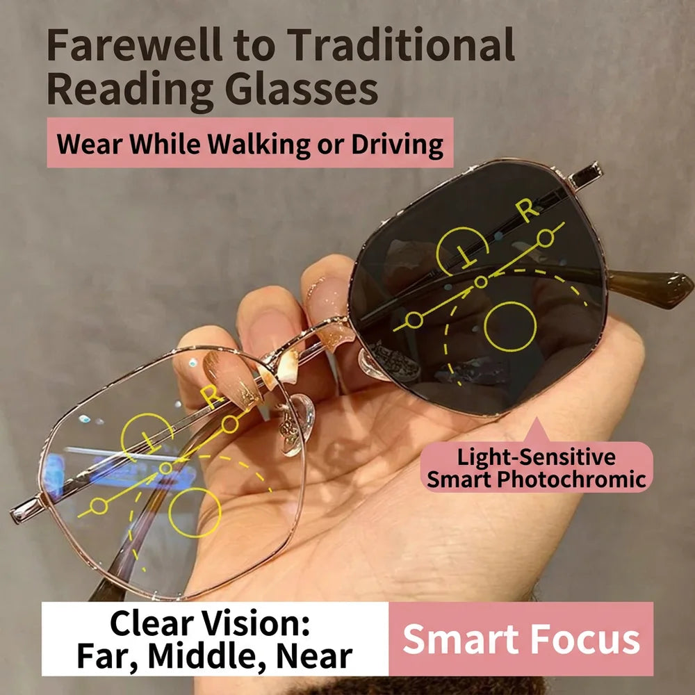 KLASSNUM Progressive Multifocal Reading Glasses for Women Photochromic Blue Light Blocking Distance Near Dual Use Eyeglasses