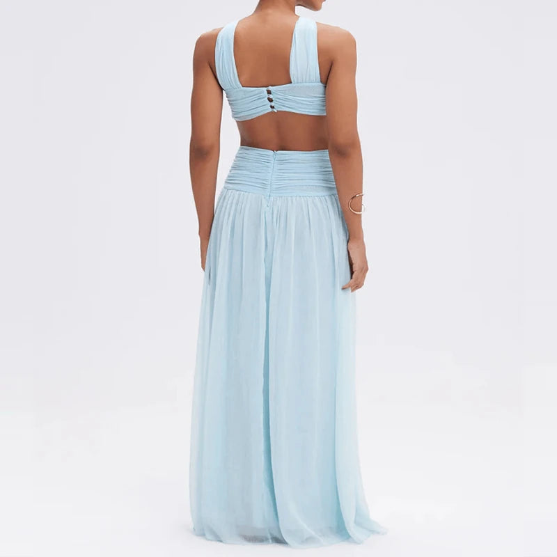Elegant Lady Backless Slim Fit Evening Dress Fashion Hollowed Out Sleeveless Cocktail Dress Blue Off Shoulder Pleated Long Dress