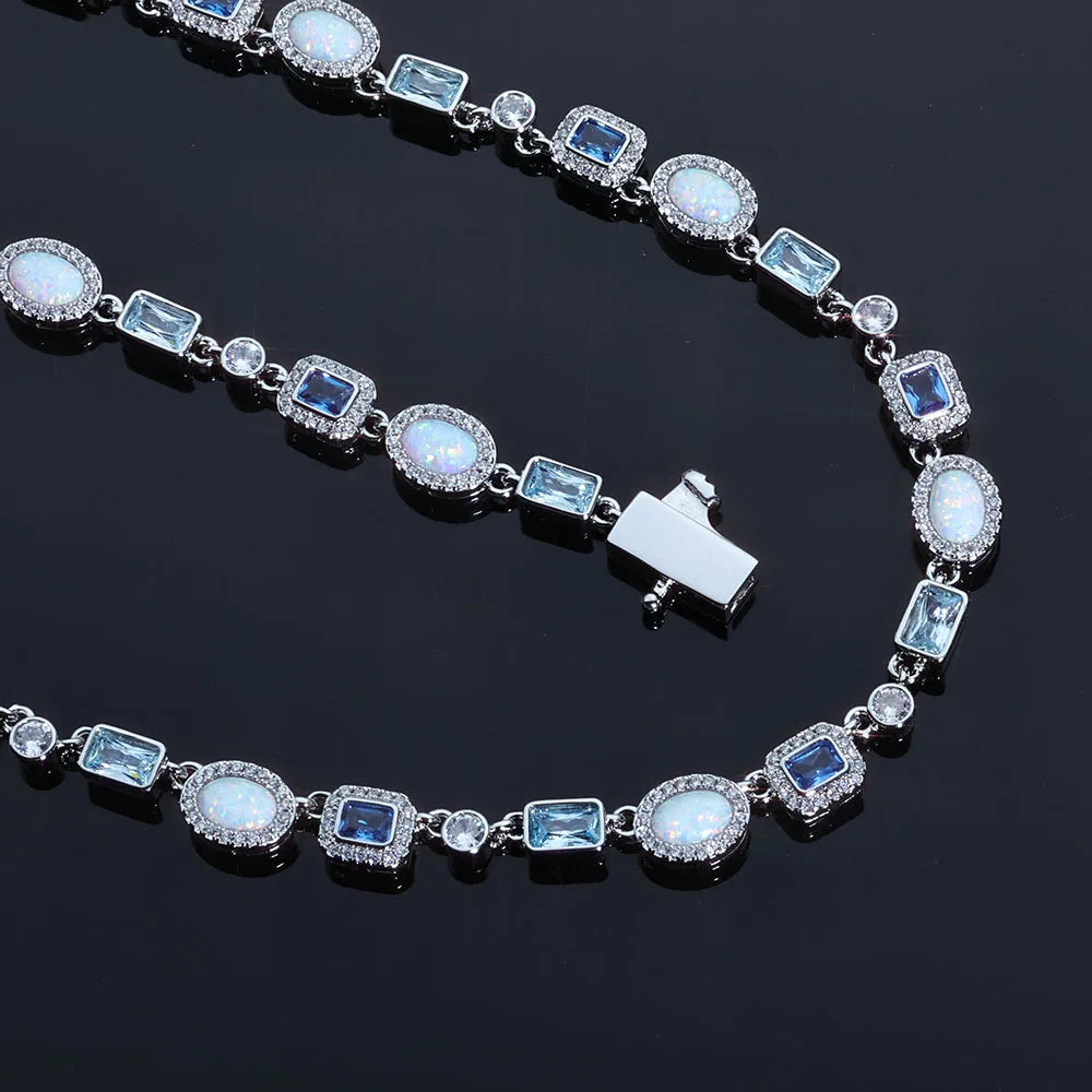 ESKEEM 6mm Geometric Gemstone Motif Iced Out Blue Chain Multicolor CZ Stones White Gold Plated Diamond Necklace Hip Hop Jewelry