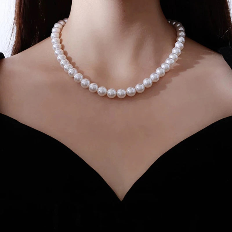 Fashion Elegant White Imitation Pearl Chokers Necklace For Women Men Wedding Banquet Necklaces Vintage Handmade Jewelry Gift