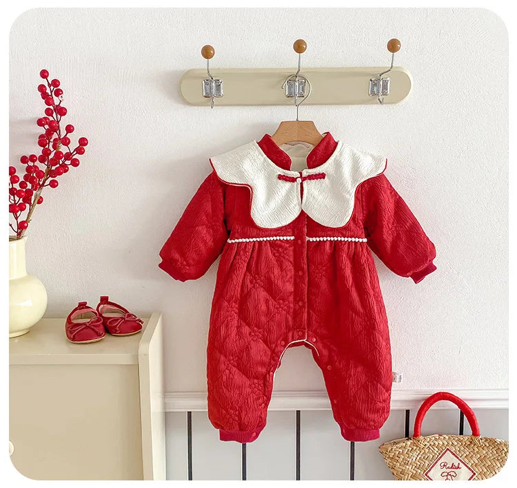 Baby Warm New Year Christmas Rompers 0-2 Year Old Korean Childrens Wear Winter Bodysuit Toddler Girls Sweetheart Outwear