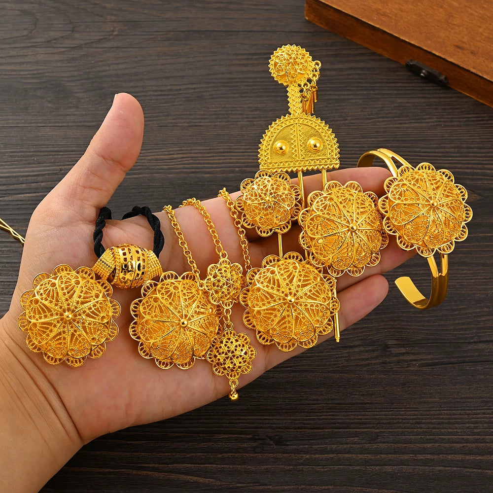 Luxury Golden Plated Bridal Jewelry Sets for Women Ethiopian Pendant Hairpin Necklace Earrings Bangle Ring Wedding Gift