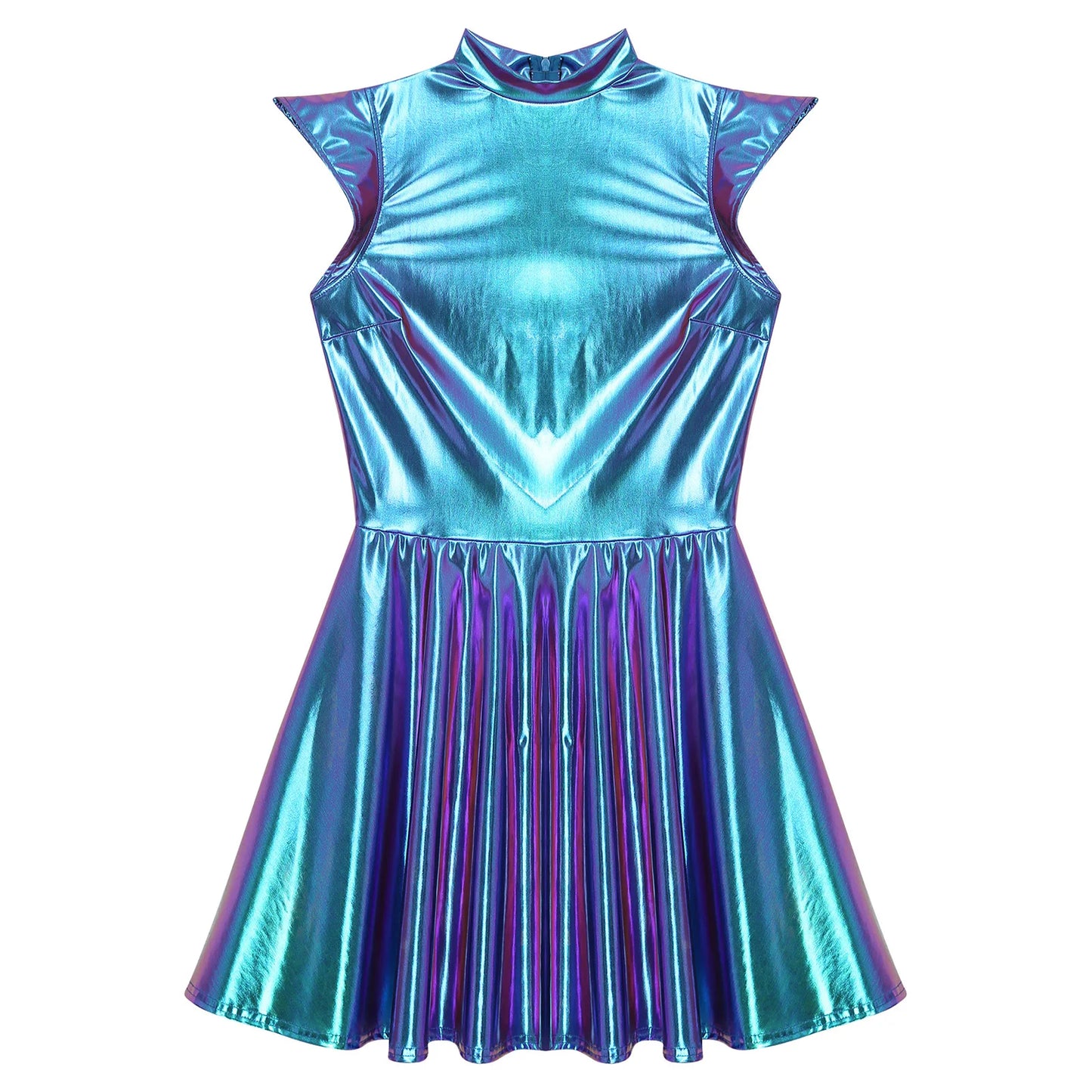 Womens Cocktail Dress Shiny Metallic Dress Alien Space Cap Sleeve High Waist A-line Dress for Halloween Party High Street Dress