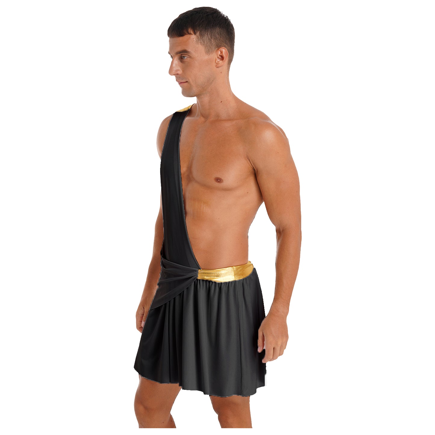 Halloween Ancient Greek Warrior Cosplay Costume Mens One Shoulder Strap Contrast Color Ruffle Skirt Carnival Theme Party Wear