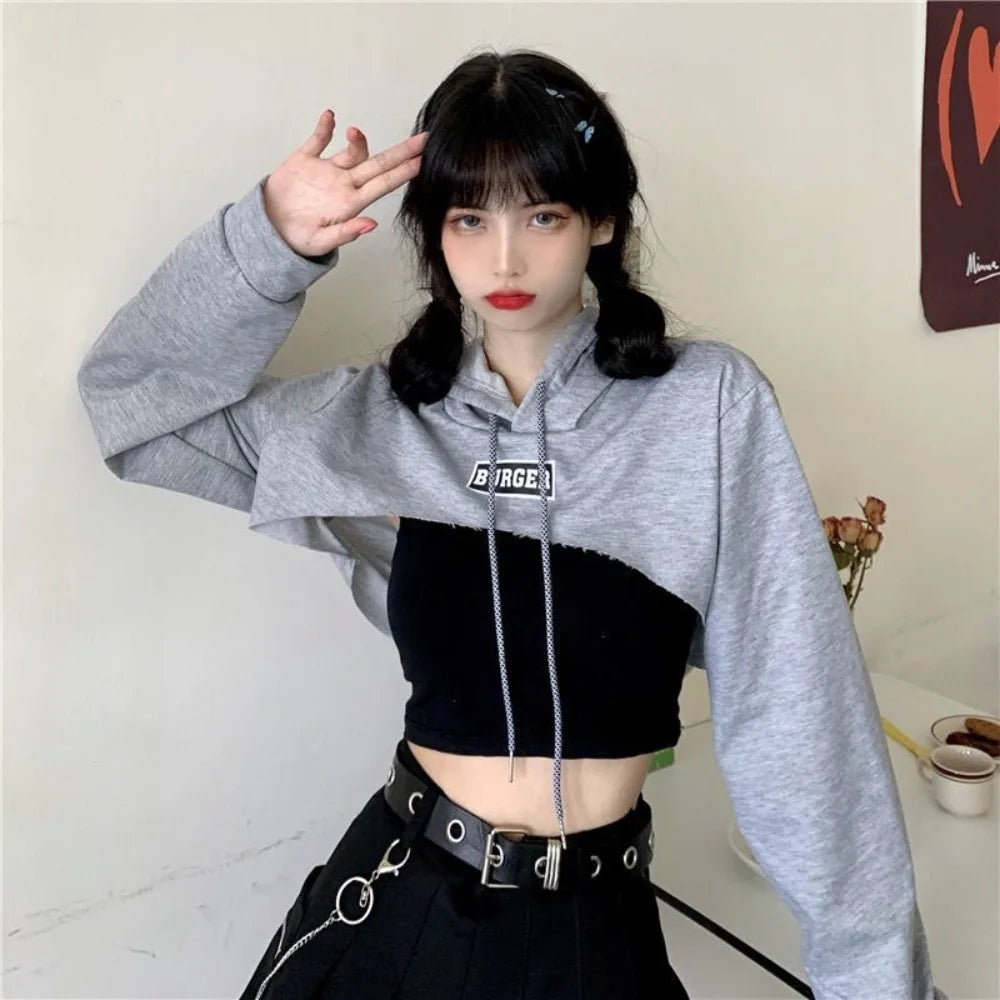 All Match Y2K Ultra Short Hoodie Loose Tees Shrug Pullover Streetwear Drawstring Women's T-shirt Summer