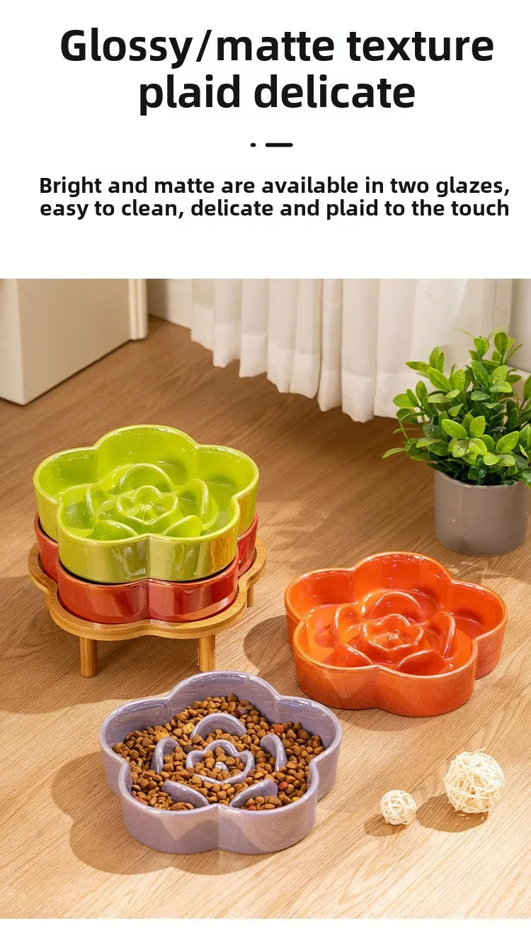 Ceramic Dog Slow Food Bowl Anti-choking Medium and Large Dog Food Basin Cat Bowl with Wooden Frame Pet Feeding Supplies With
