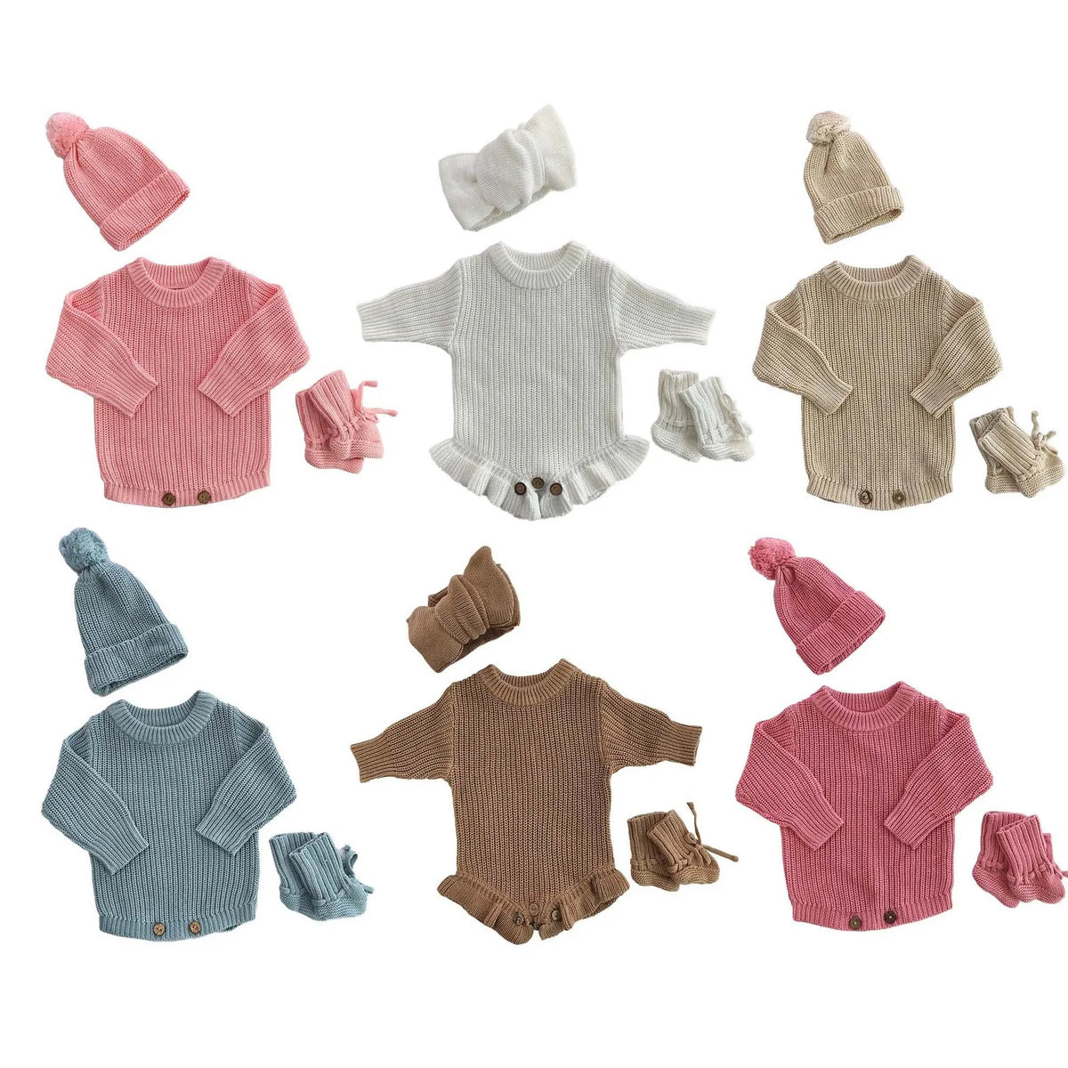 Autumn Baby Knitted Romper Headband Hat Socks Set 3Pcs Solid Color Newborn Outfit Cotton Warm Infant Shower Clothing Gifts