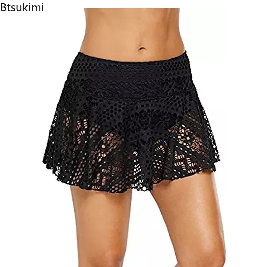 Women's Summer Shorts Skirt Swimwear Fashion Ladies Mini Mesh Lace Crochet Tiered Elastic Waist Famale Sexy Short Swimsuit Pants