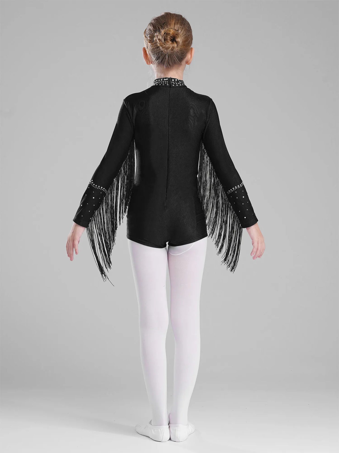Girls Leotards Jumpsuit for Jazz Latin Skating Competition Costume Tassels Long Sleeve Rhinestones Bodysuit Modern Dancewear