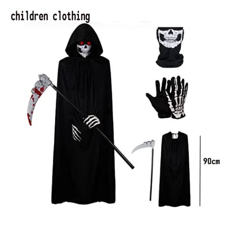 2026Halloween New Party Role Playing Children Adult Death Black Cloak Halloween Skull Ball Costume Prop Set Children Adult Gift