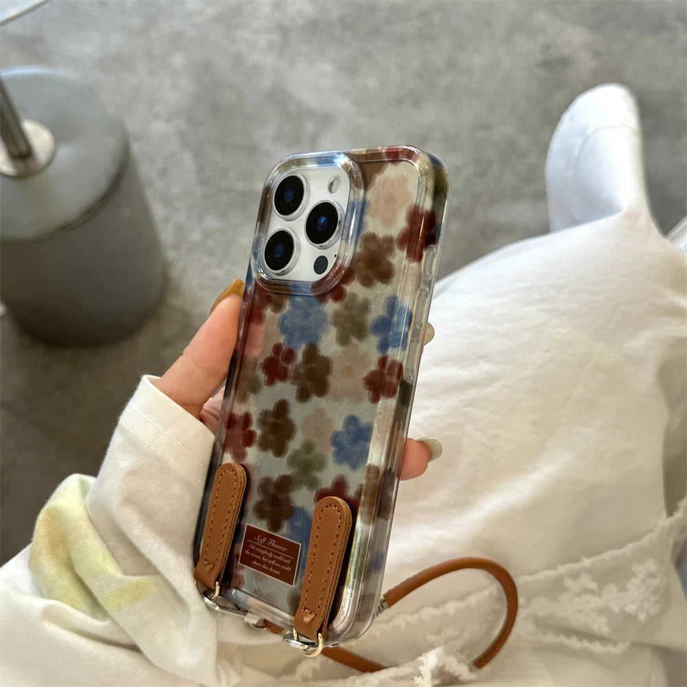 Fashion INS Flower With Leather Wrist Strap Case For iPhone 15 14 13 16 Pro Max 16 Shine Sliver Laser Korea Style Back Cover