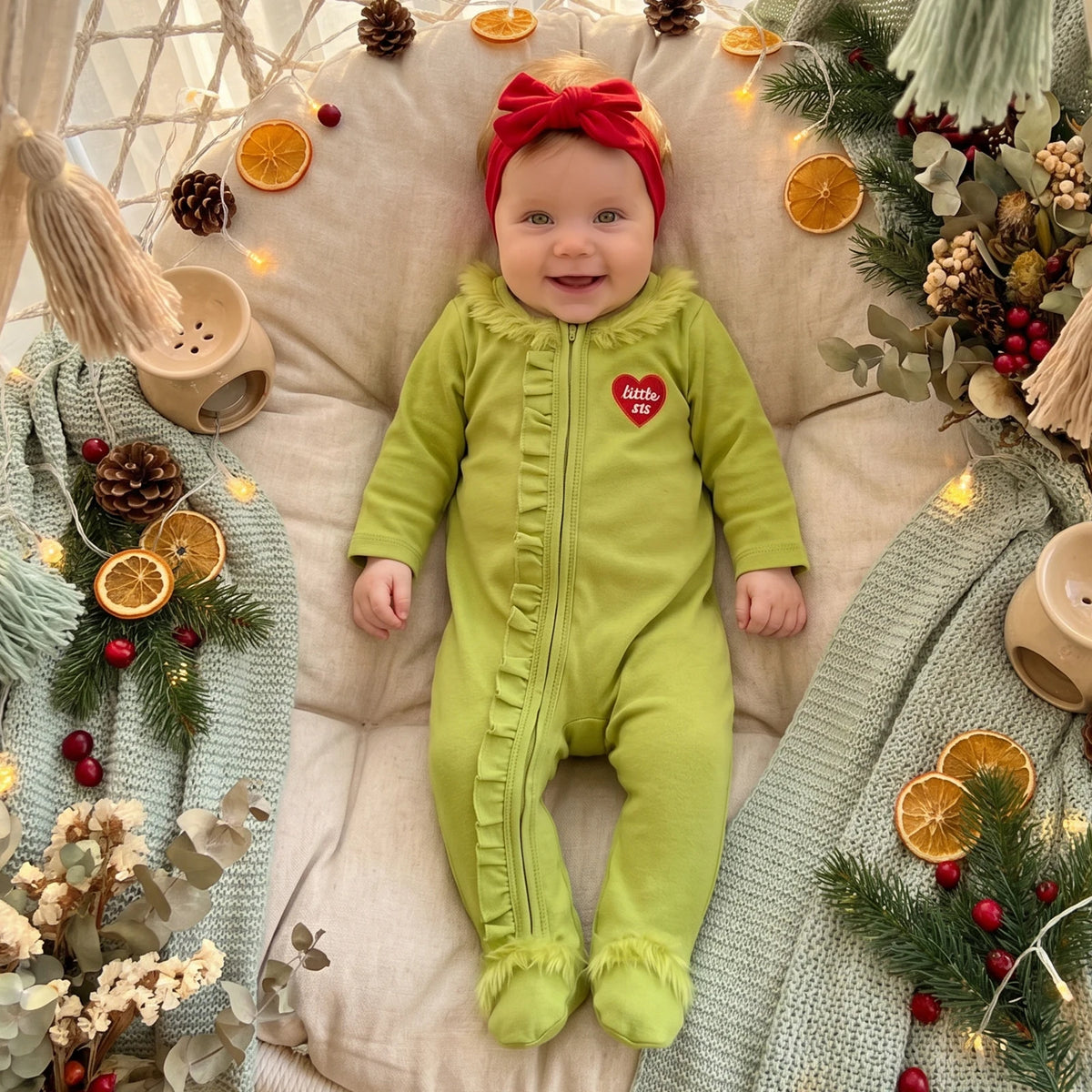 Baby Girls Christmas Ruffles Zipper Romper Green Plush Trim Jumpsuits and Headband Winter Baby Playsuits Clothes