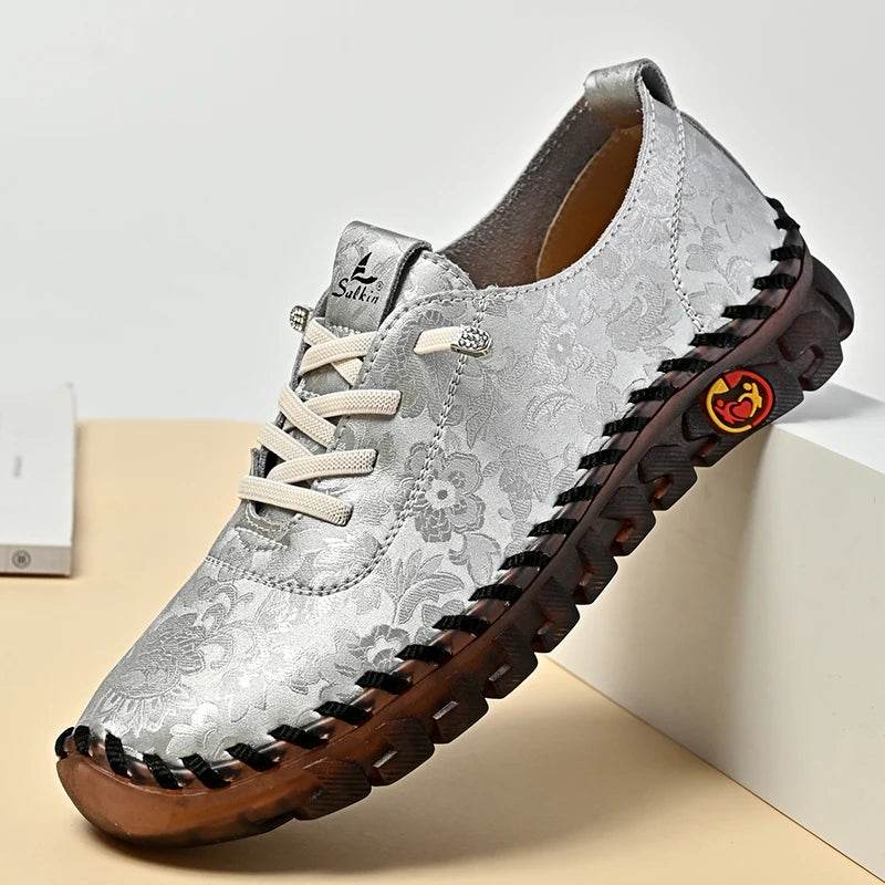 Print Fashion Sneakers Women Hand-stitching Leather Casual Shoes Design Platform Loafers Breathable Flats Shoe Driving Plus Size